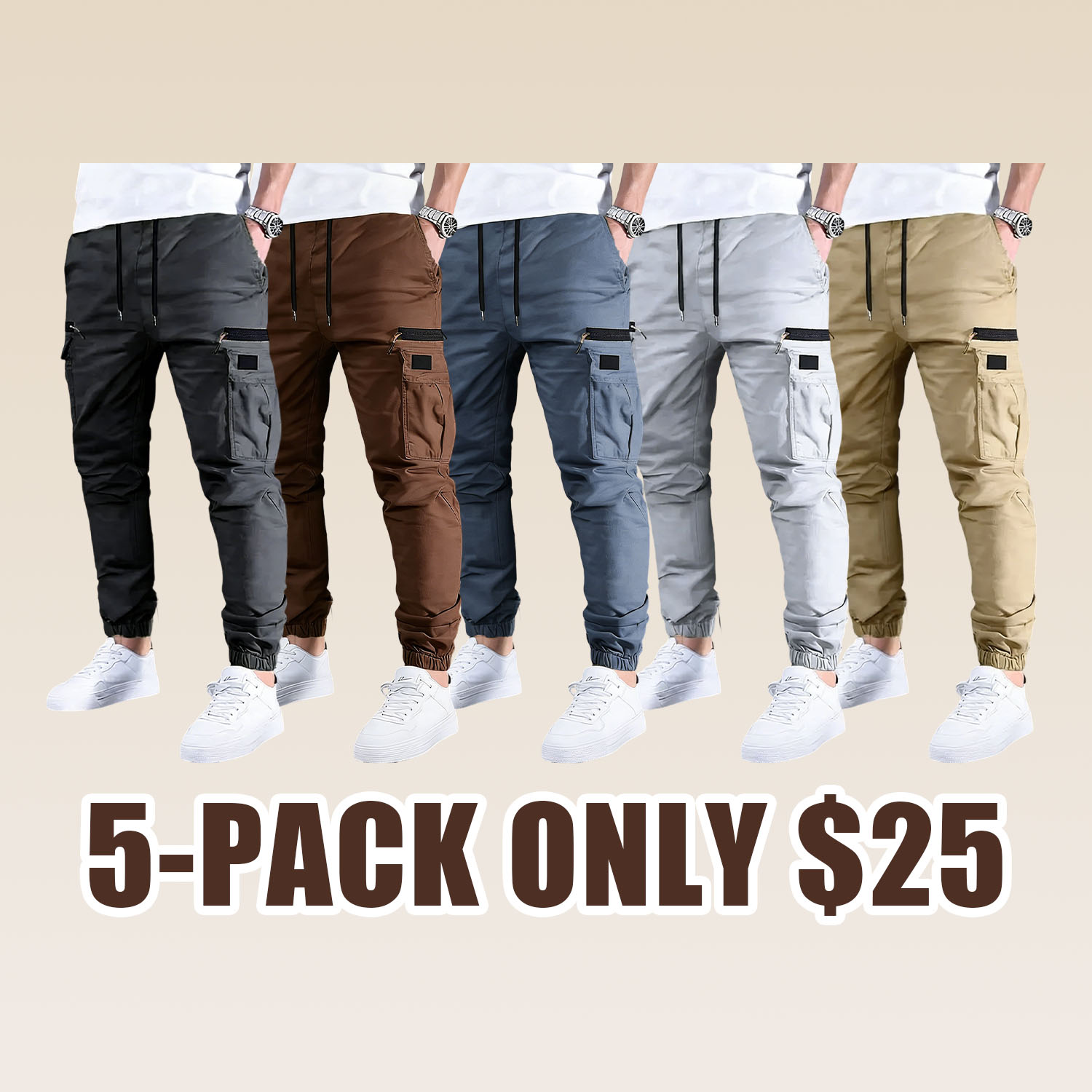 Men’s long cargo pants with a drawstring waist and multiple pockets