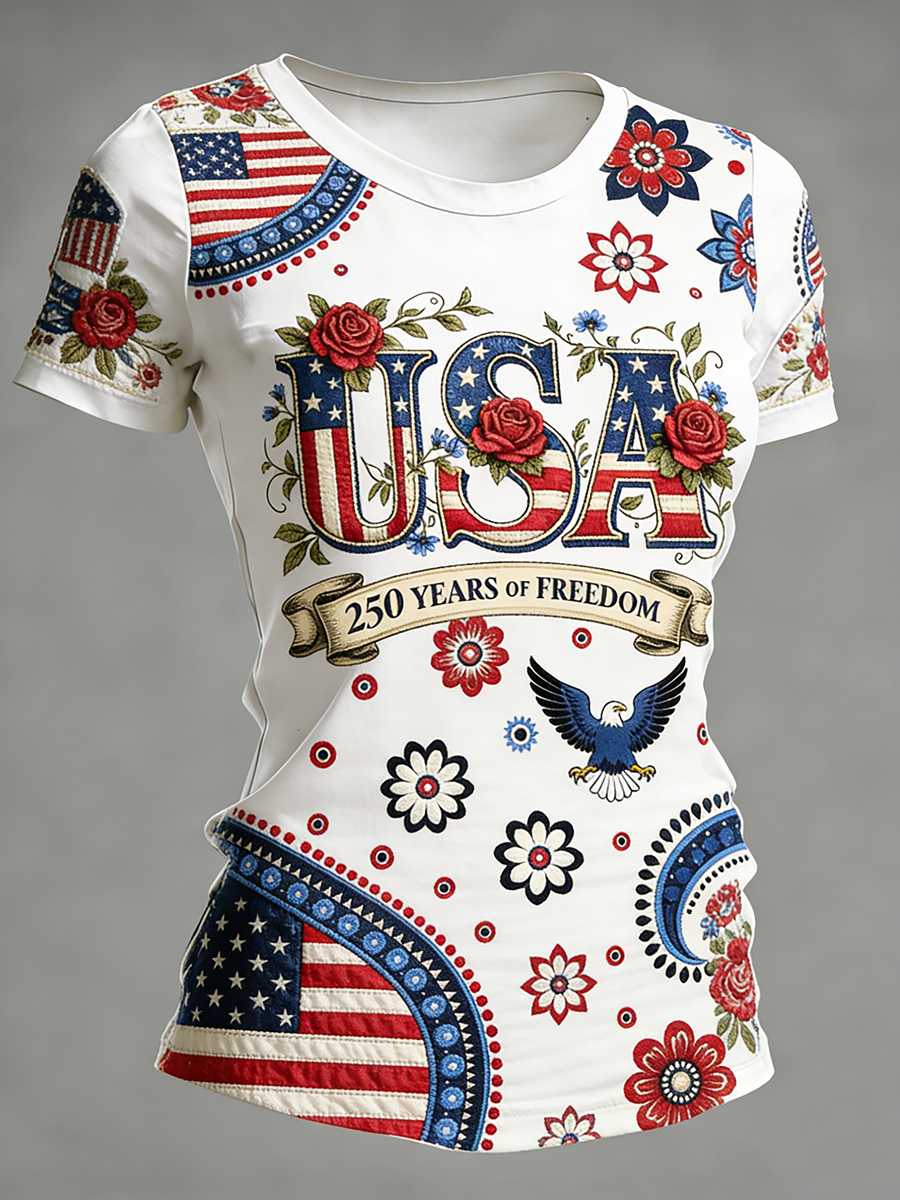 Women's USA 250 Years Of Freedom Patriotic Rose & Eagle Casual  Embroidered T-Shirt