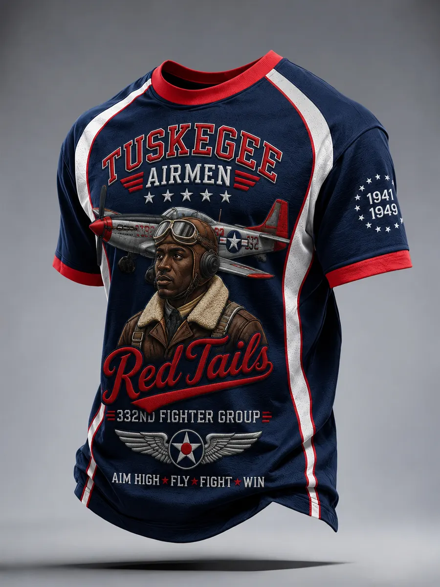 Men's Retro Tuskegee Pilot Red Tail Print  Casual T-Shirt