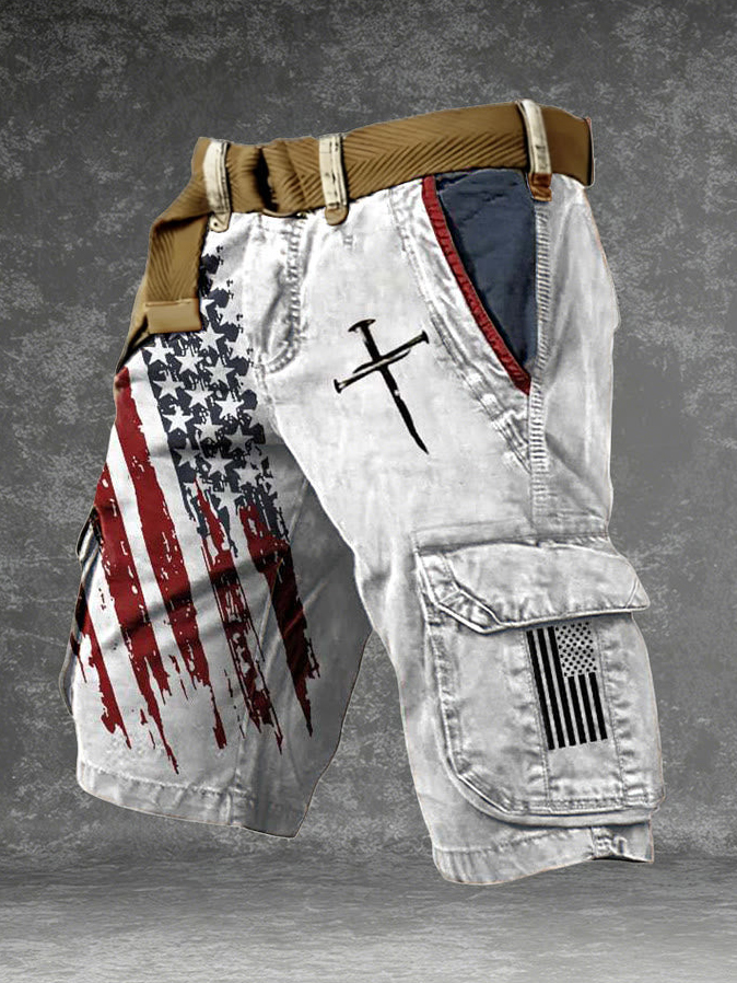 Men's American Flag Nail Cross Print Denim-Like Cargo Shorts