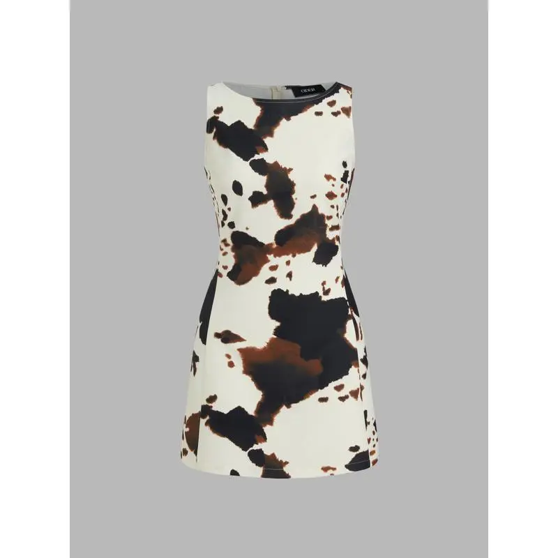 Boat Neck Leopard Print Zipper Mini Dress