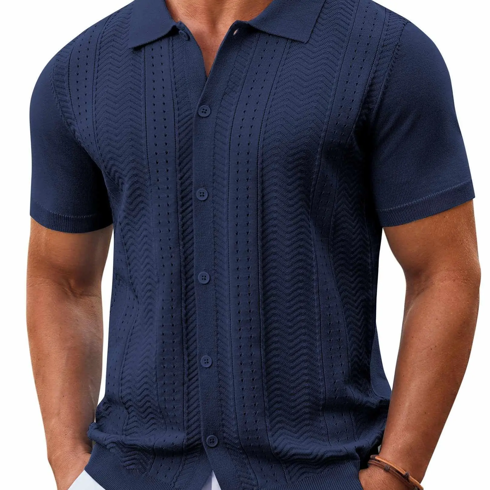 Men's Knitted Button-Down Shirt — Summer Short-Sleeve Casual Top, Vintage Beach Vacation Style Shirt