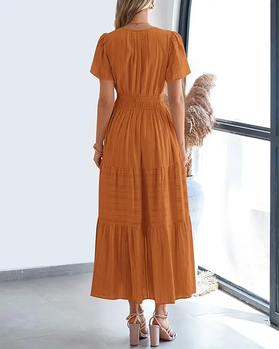 Women's Casual V-Neck Boho Maxi Dress with Pockets