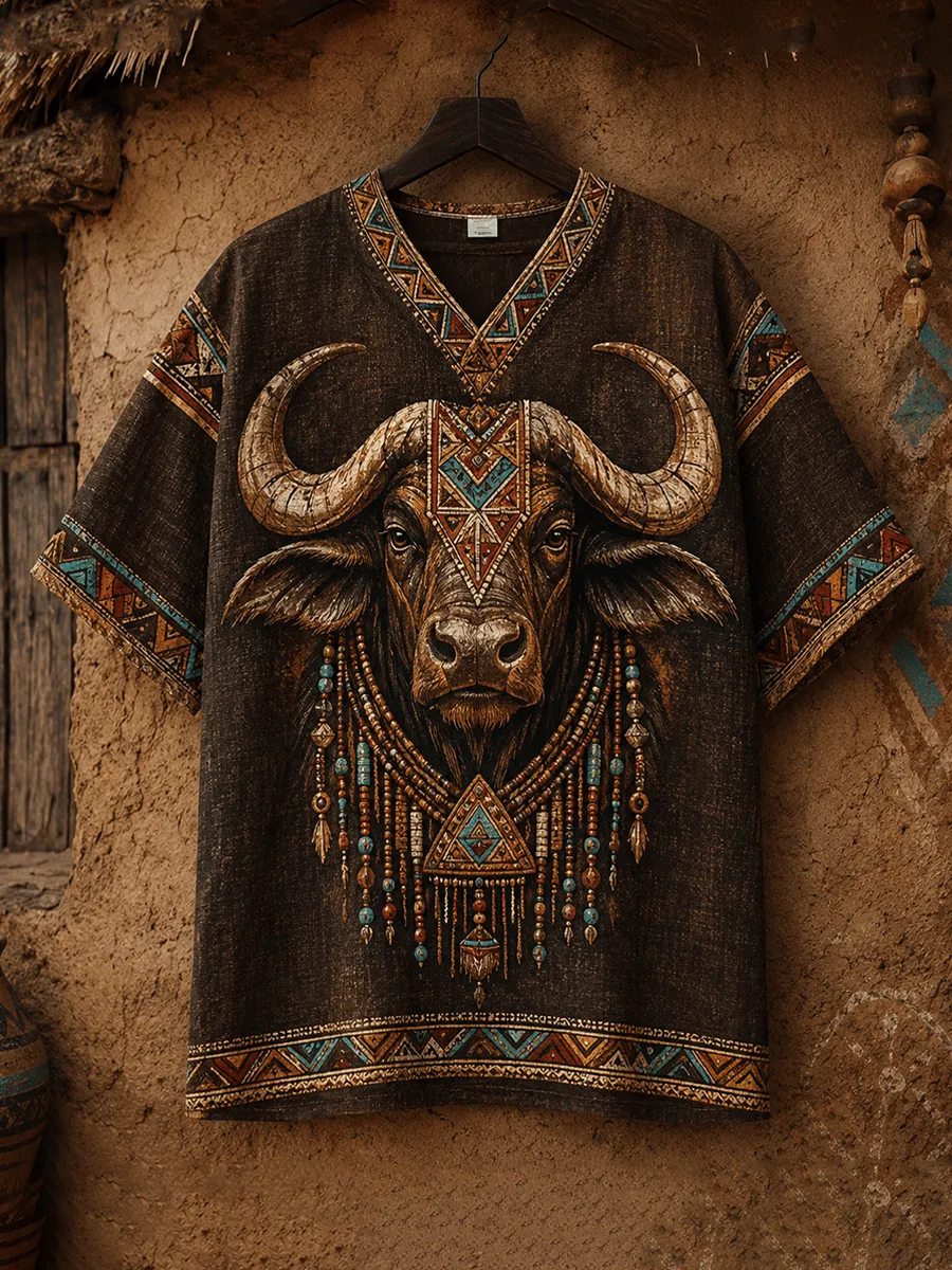 Men's Cotton-Linen V-Neck T-Shirt with African Buffalo Graphic