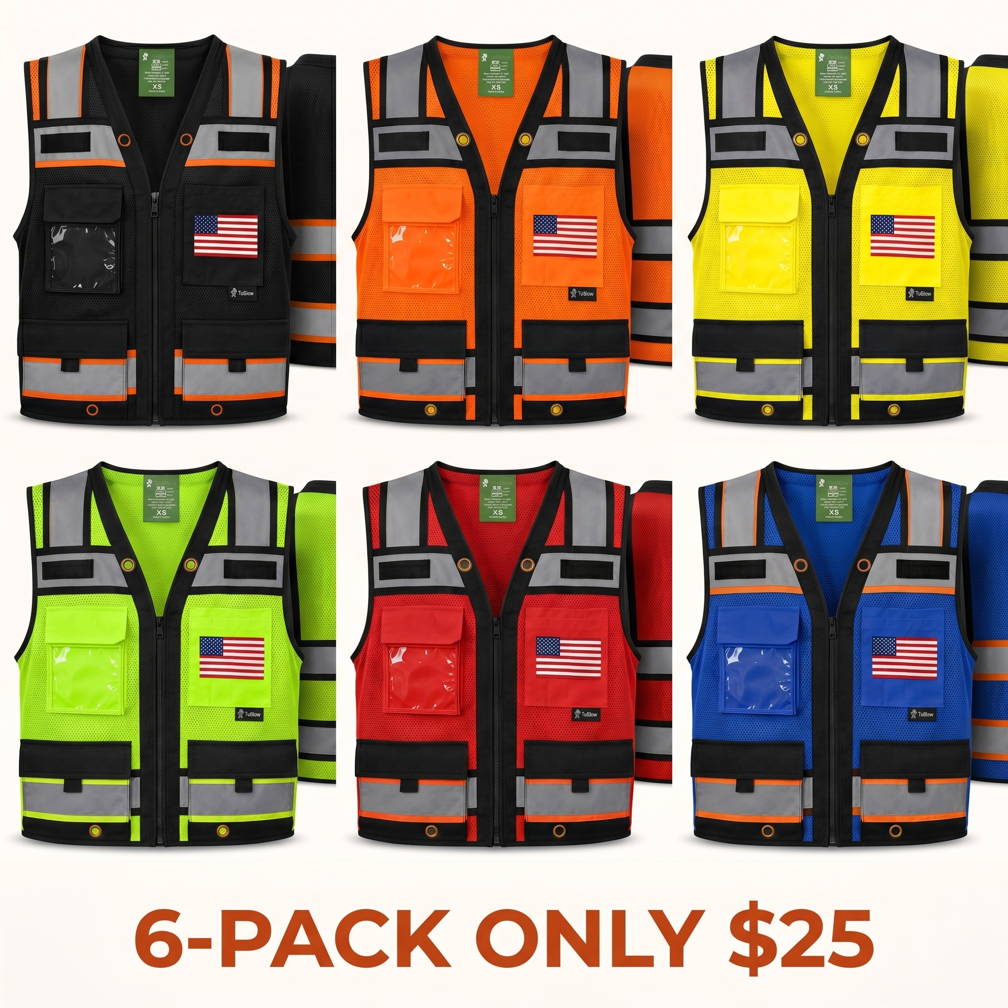 Supervisor-Grade Safety Vest (Optional Customization: U.S. Flag or Other Flags) — High-Visibility Reflective Safety Design, Featuring Zipper Closure and Multiple Pockets on a Mesh Vest