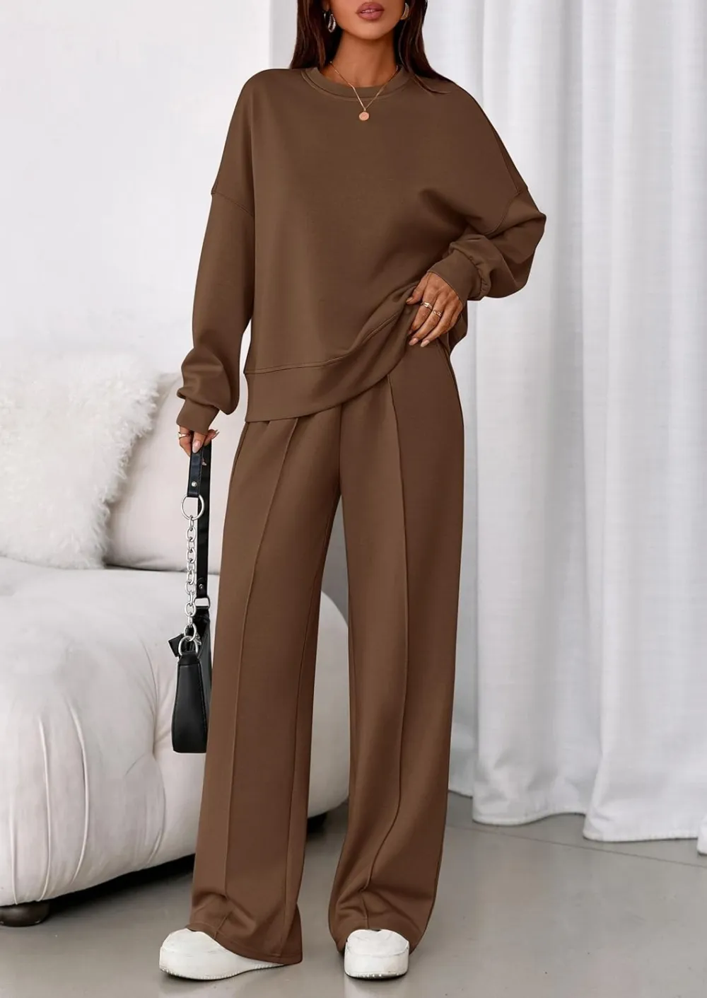 2 Piece Sets For Women Fall Trendy Long Sleeve Sweatshirt Wide Leg Pants Loungewear