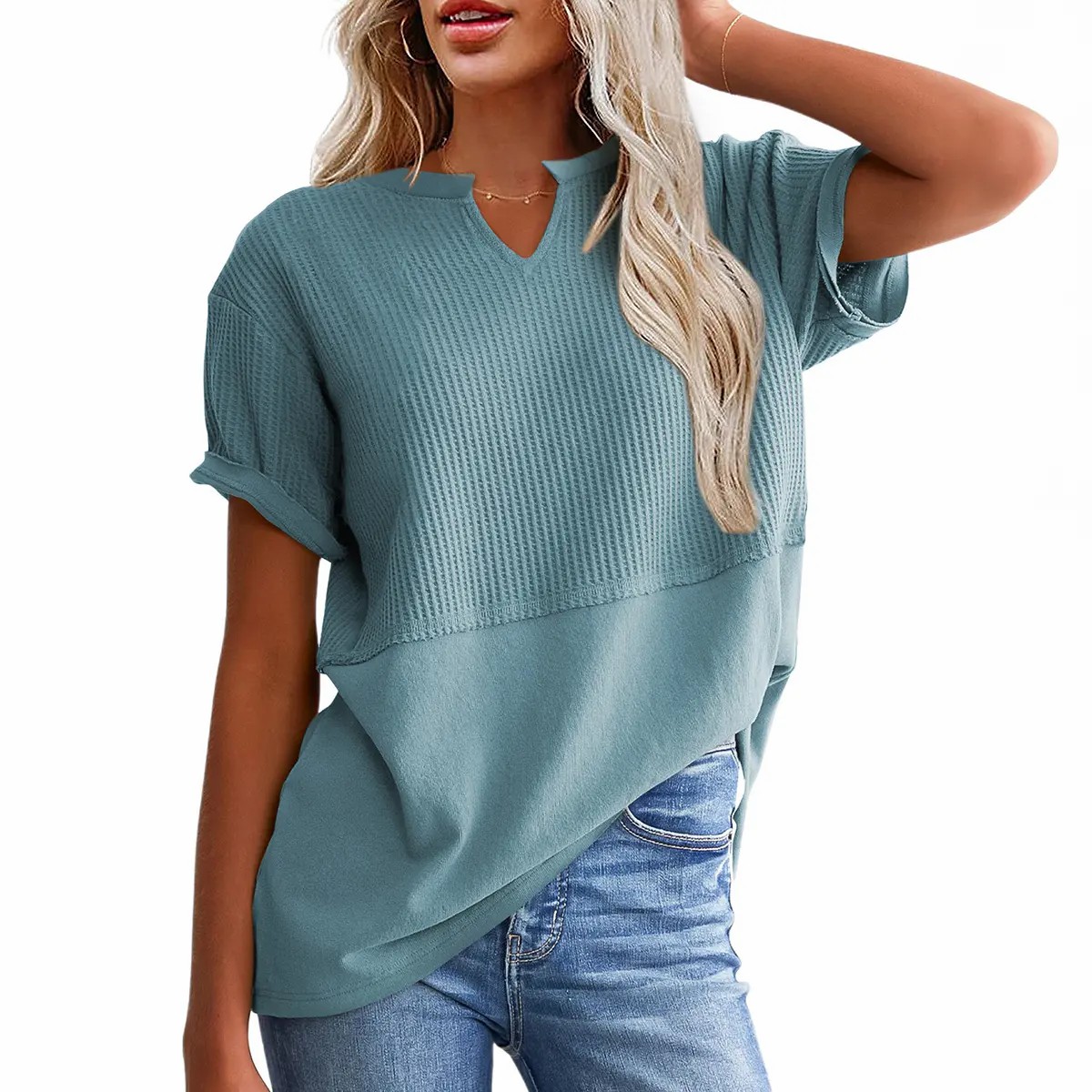 🌸 Waffle Knit V-Neck Casual Blouse