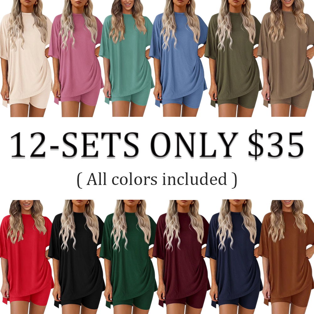 Women’s Oversized Lounge Set-Breathable Crewneck Top & Pocket Shorts