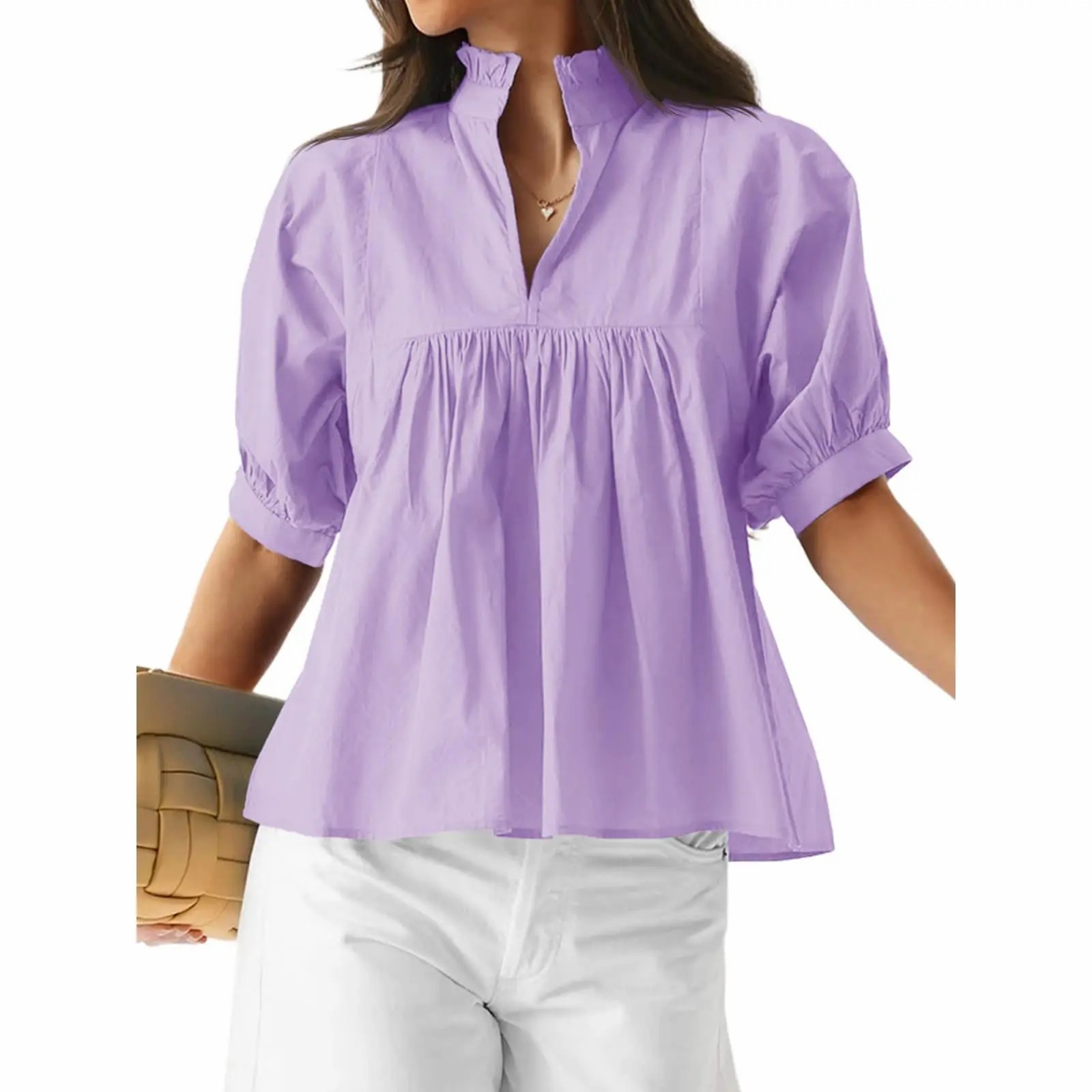 Women's V Neck Puff Sleeve Blouse – Babydoll Peplum Loose Fit Top