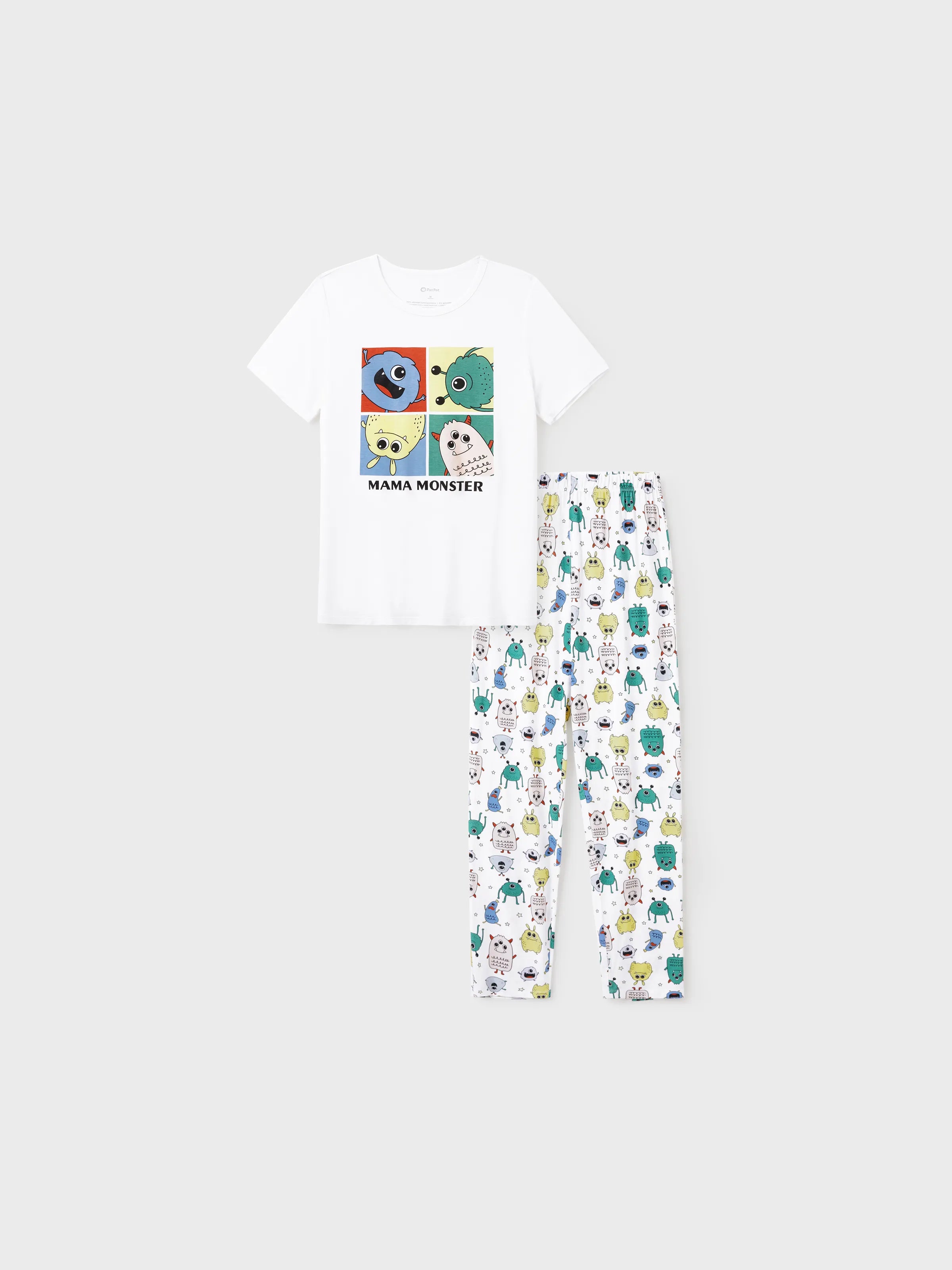 Bamboo Family Pajamas Cute Little Monster Print Short-sleeve Matching Pajama Set ( Snug-Fitting for Children ) White