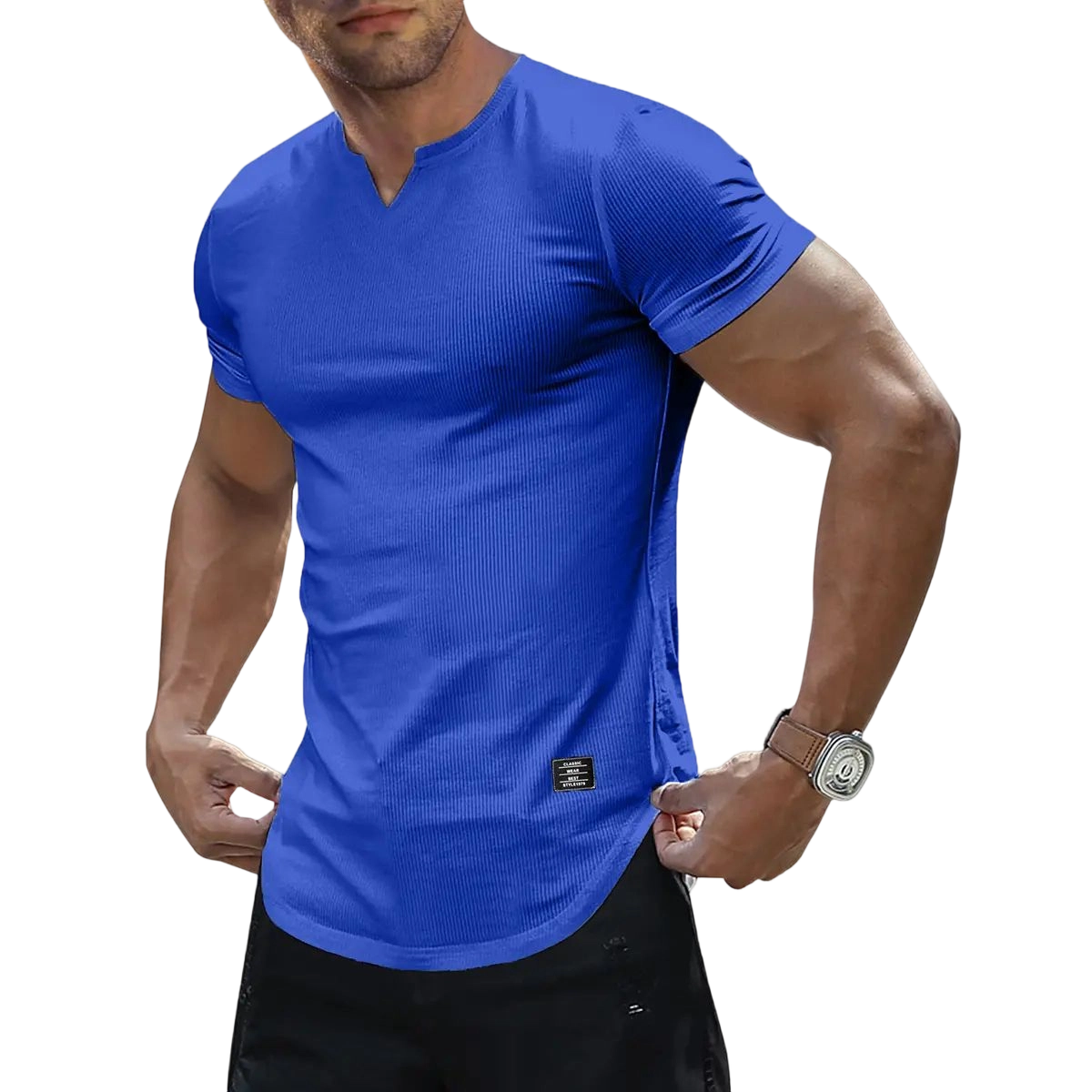 Men's Plain Muscle Slim Fitted T Shirt Polyester V-Neck Longline Shirt