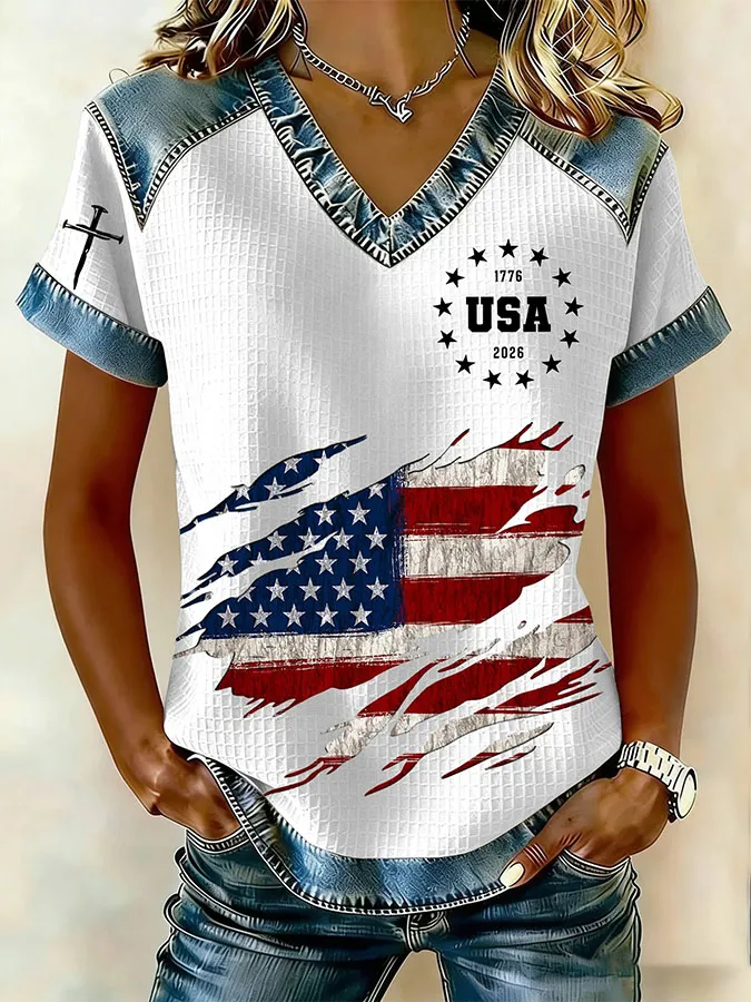 Women's Retro 250th Independence Day Round Neck Waffle Hoodie