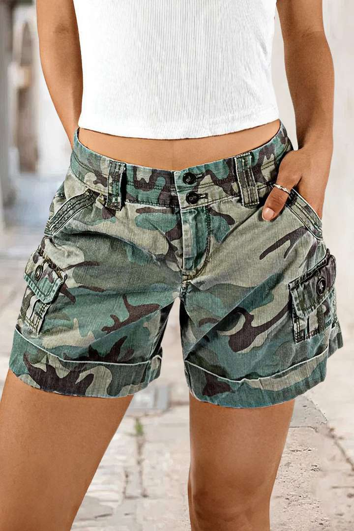 Mother's Day Sale💕Camo Print Roll Hem Flap Pocket Mid Rise Shorts