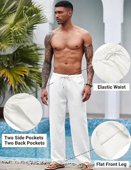 New York Fashion Week Linen Yoga Elastic Beach Vacation Pants Cotton Fabric Bottom Breathable Drawstring Light Loose Comfort Fit Adjustable Summer Trouser