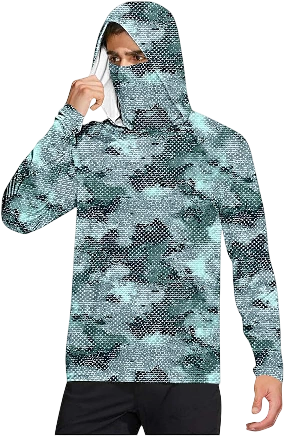 Long Sleeve Sun Shirt Men UPF 50+ Rash Guard Cooling Fishing Hoodies with Mask Casual Summer UV SPF Hiking Blouses
