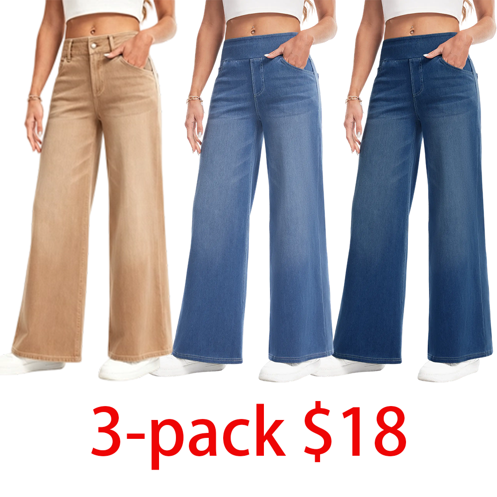 6-pack Women's Wide Leg Stretchy Jeans – Elastic High Waist Pull On Baggy Tummy Control Trousers for Casual Work Wear