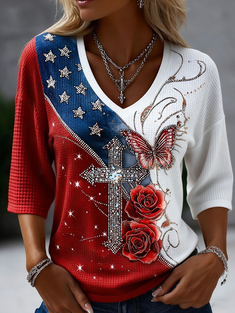 Women's Faith in America 250th Anniversary Waffle Texture Three-Quarter Sleeve T-Shirt