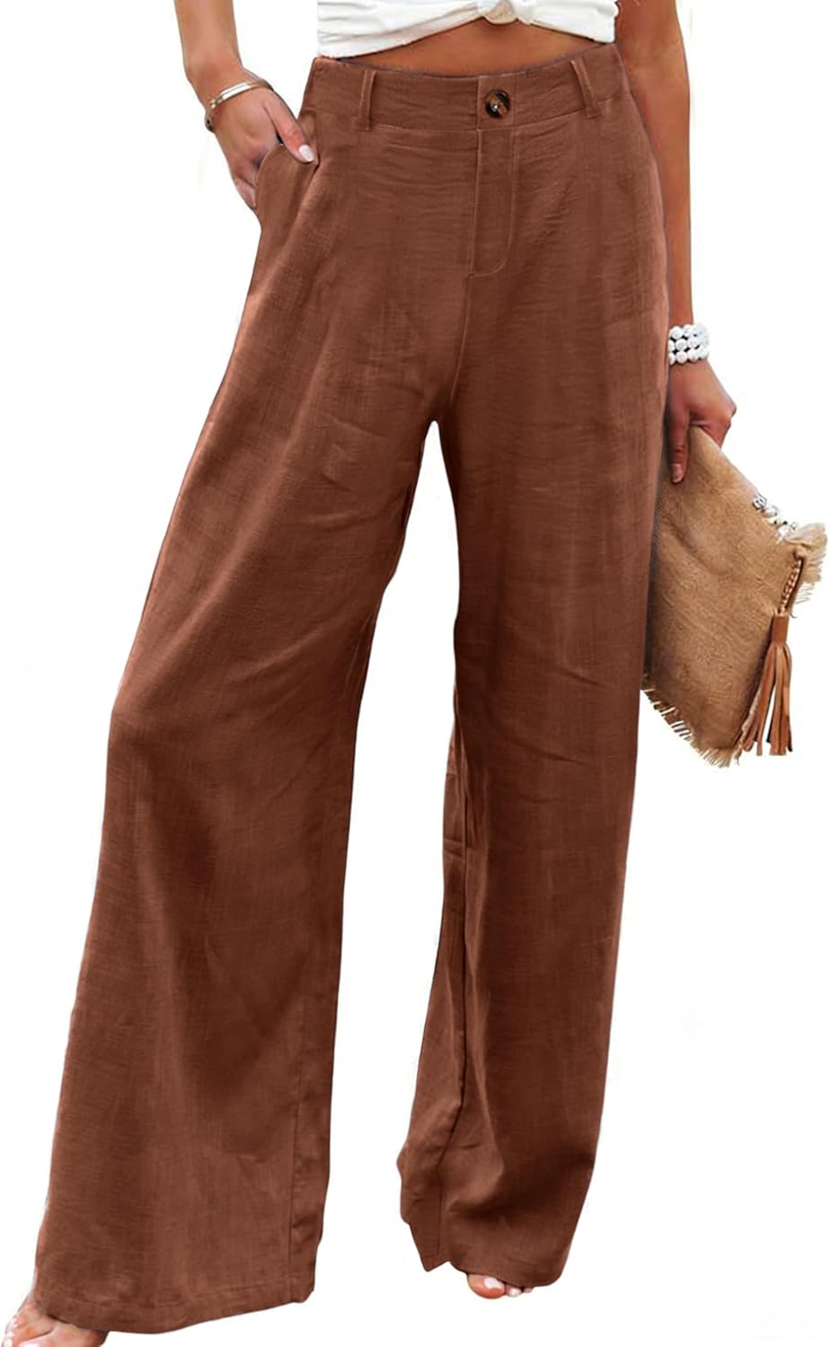Womens Cotton Linen Pants Casual Button Up High Waisted Wide Leg Trousers