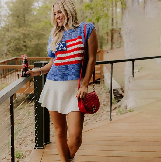 Women's American Flag Graphic Relaxed Fit Short Sleeve Knit Sweater Top