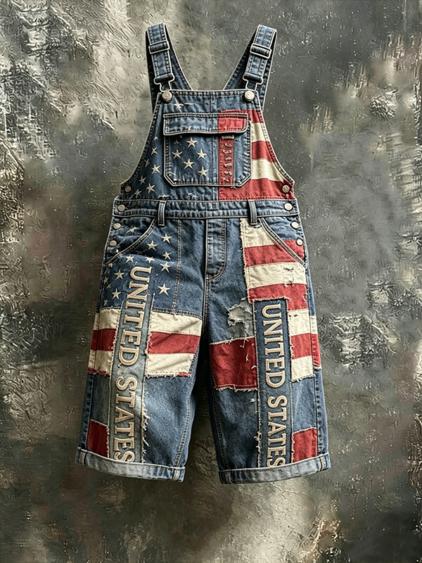 Men's Stars Stripes United States Color Block Patchwork Print Shorts Overalls