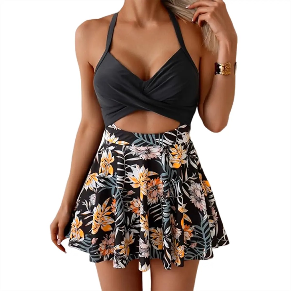 Women Cutout One Piece Skirt Swimsuit V Neck Wrap Tie Back Swimdress Tummy
