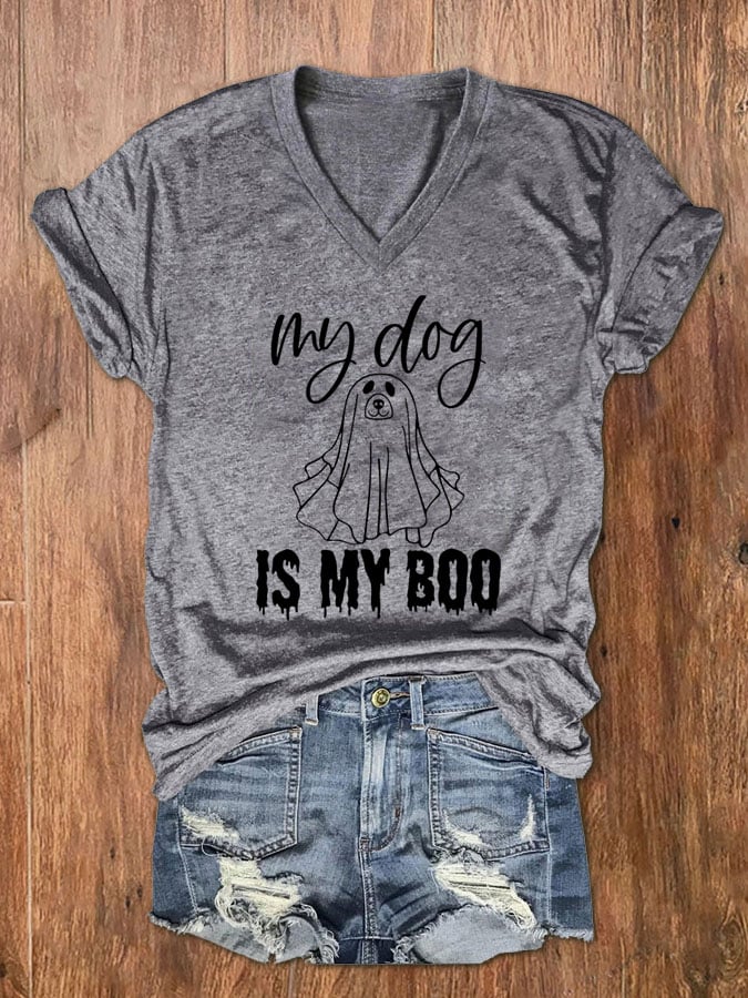 Women's My Dog Is My Boo Halloween Dog Print V-Neck T-Shirt
