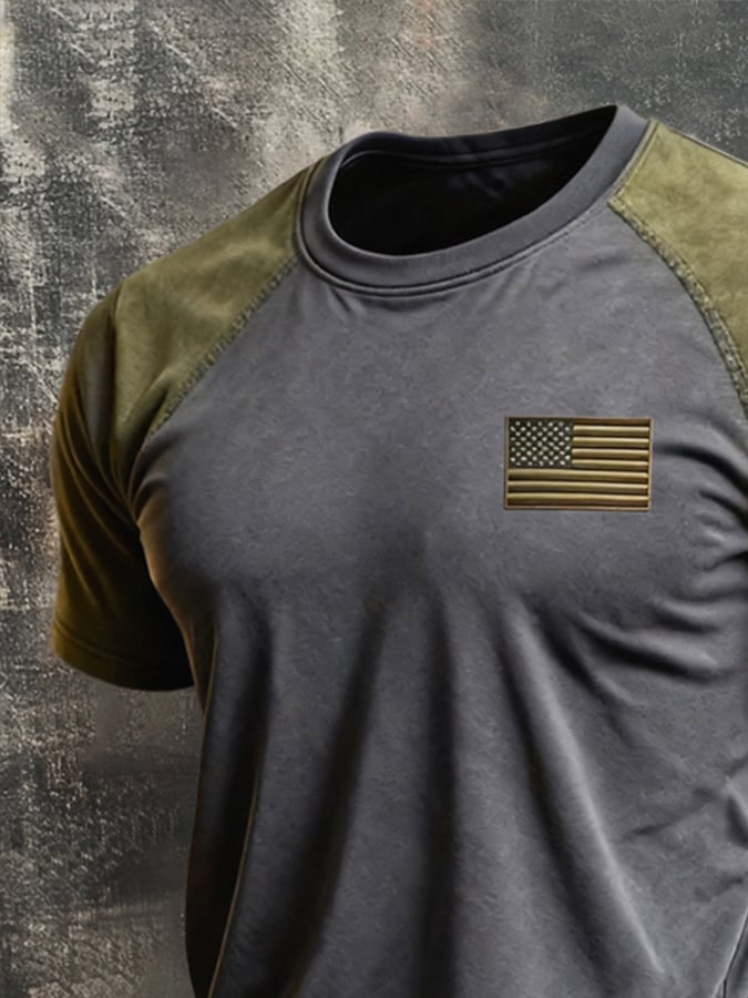 Men's Retro Patriotic Color-Block Crew Neck Short-Sleeve T-Shirt