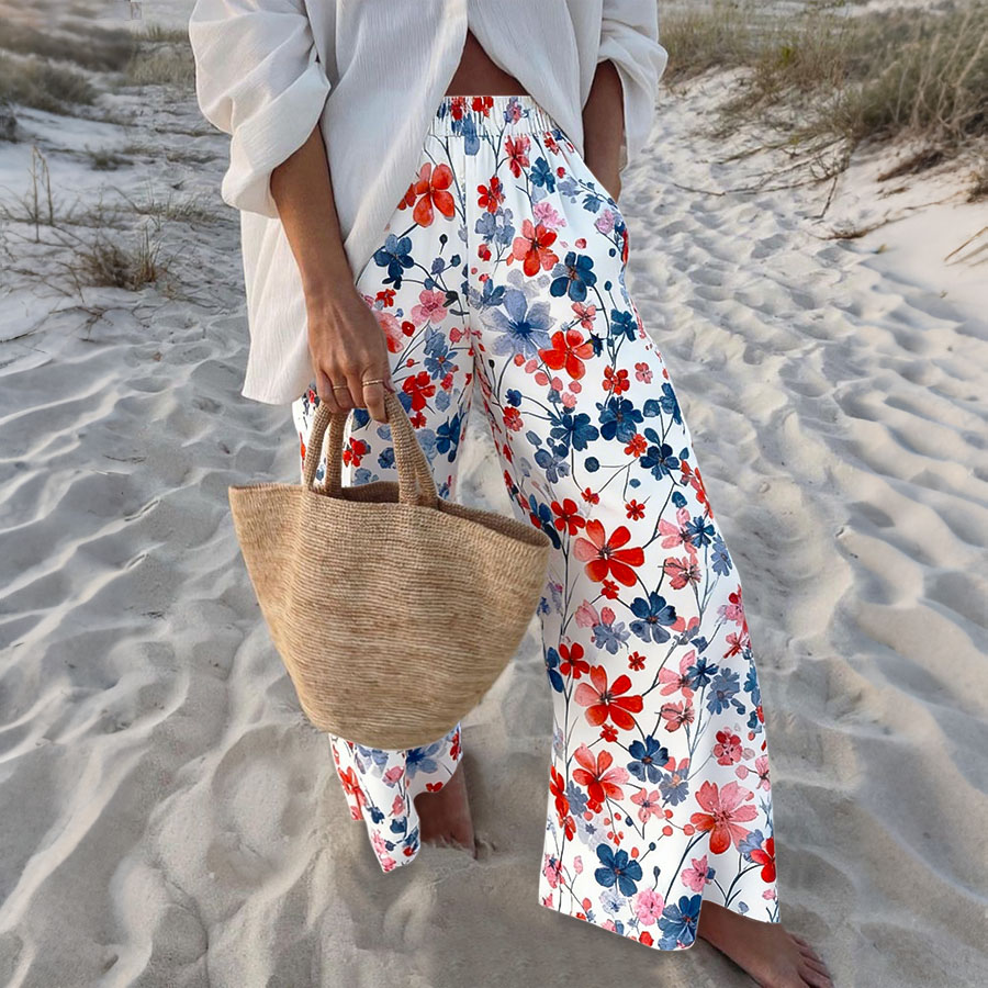 Women'S Patriotic Flower Independence Day Commemorative Print Elastic Waist Loose Pocket Casual Pants