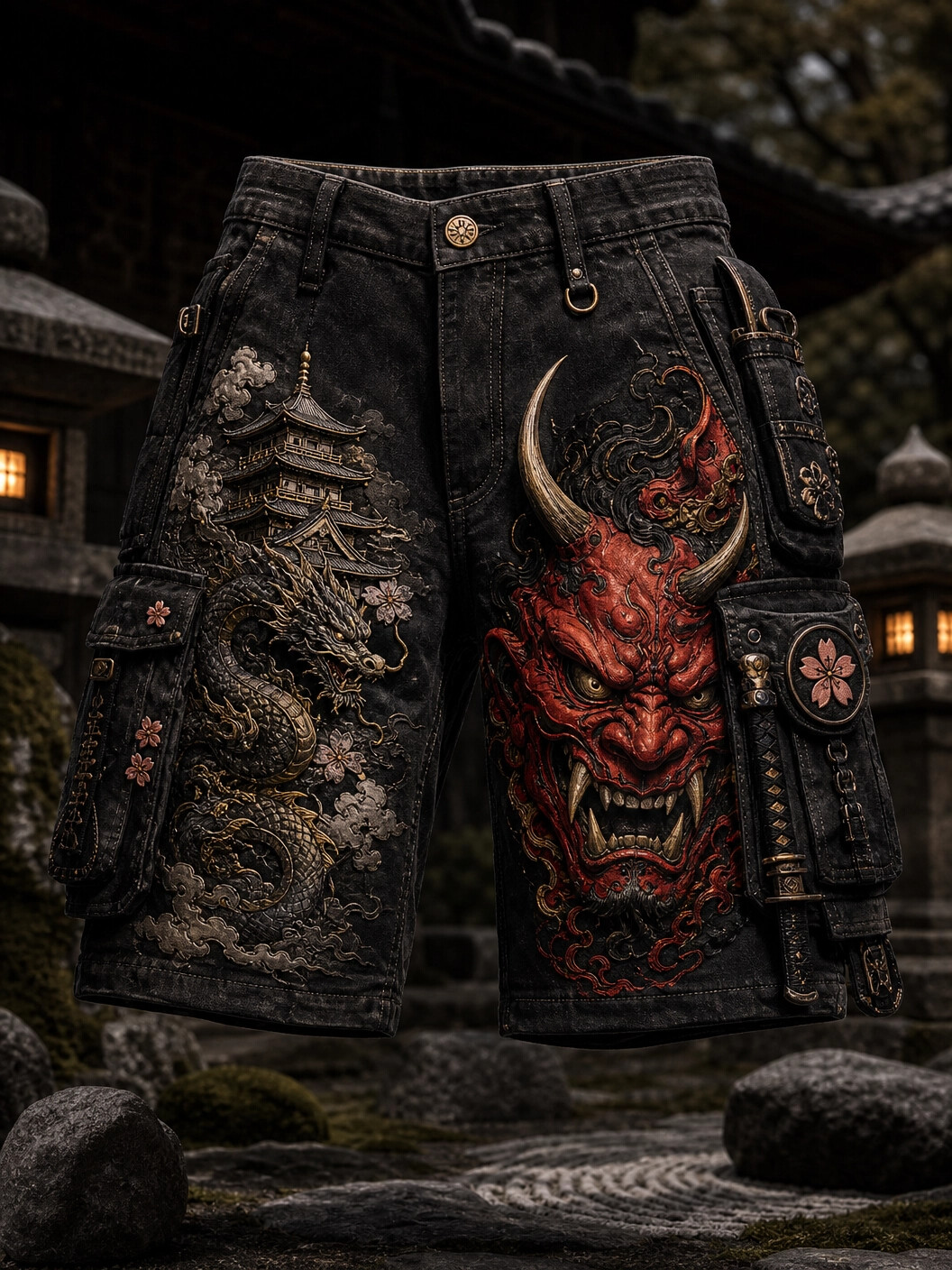 Men's Japanese Hannya Demon & Dragon Art Print Casual Shorts