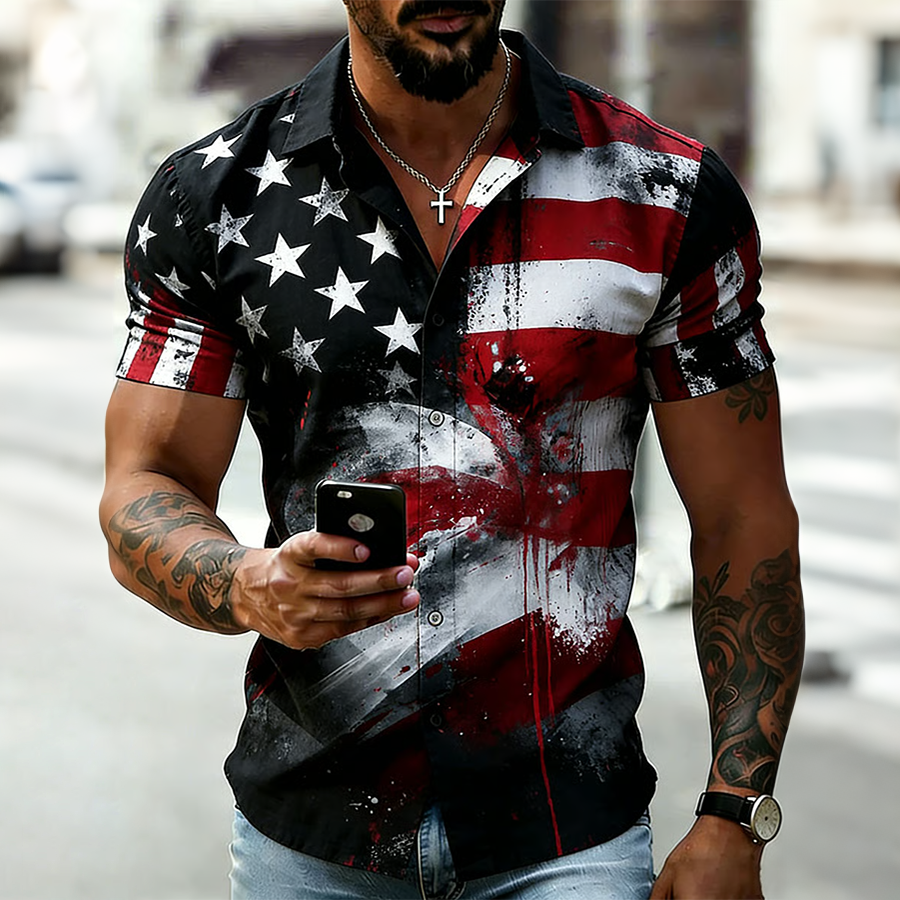 Men's Retro Art American 250th Anniversary Cotton Linen Short-Sleeve Shirt