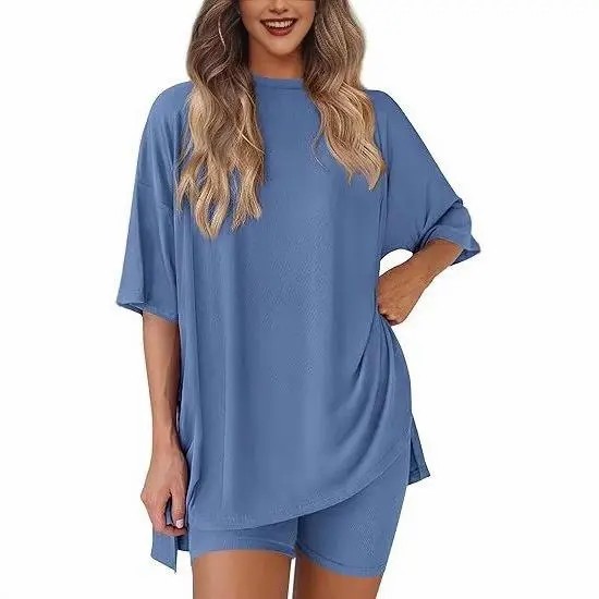 Crewneck Two-Piece Set For Women Summer Casual Oversized Split Hem Shirts & Side Pocket Biker Shorts
