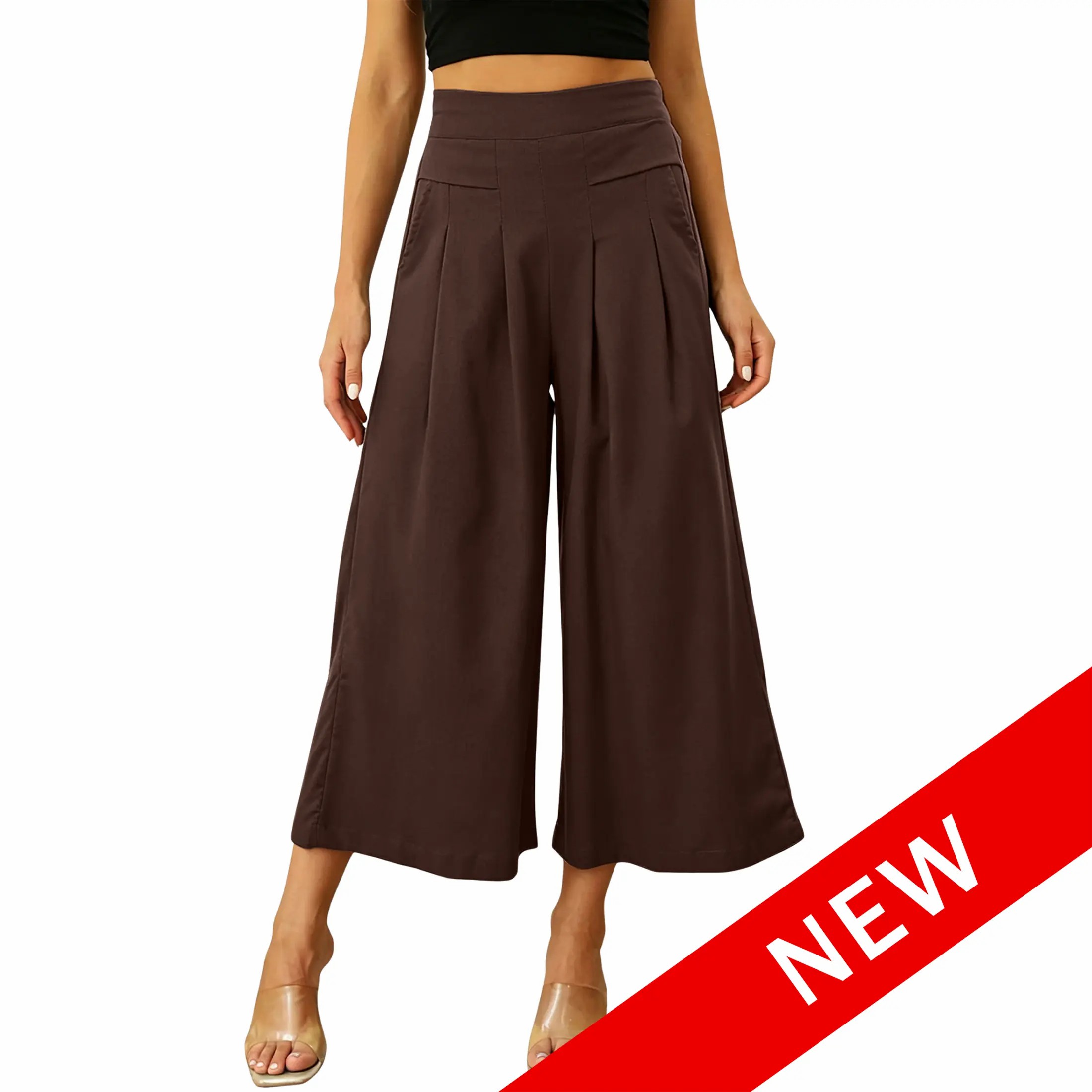 Women's Cotton Linen Wide Leg Culottes – Elastic Waist, Pockets, Minimalist Casual Capri Pants