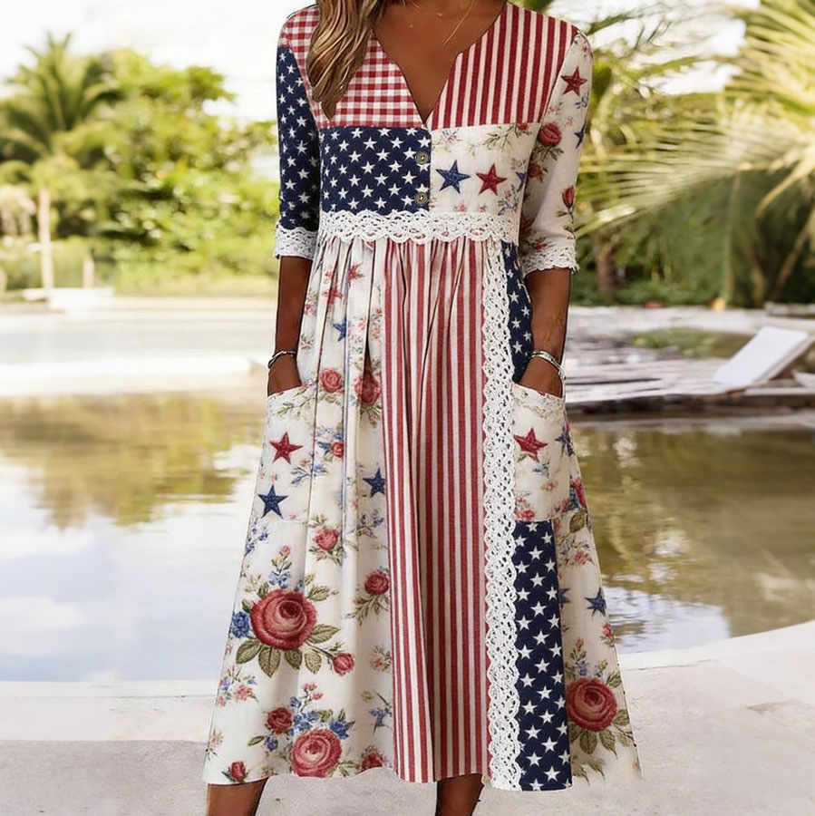 Women'S Casual Floral Art Retro American Independence Day Celebration Printed Dress