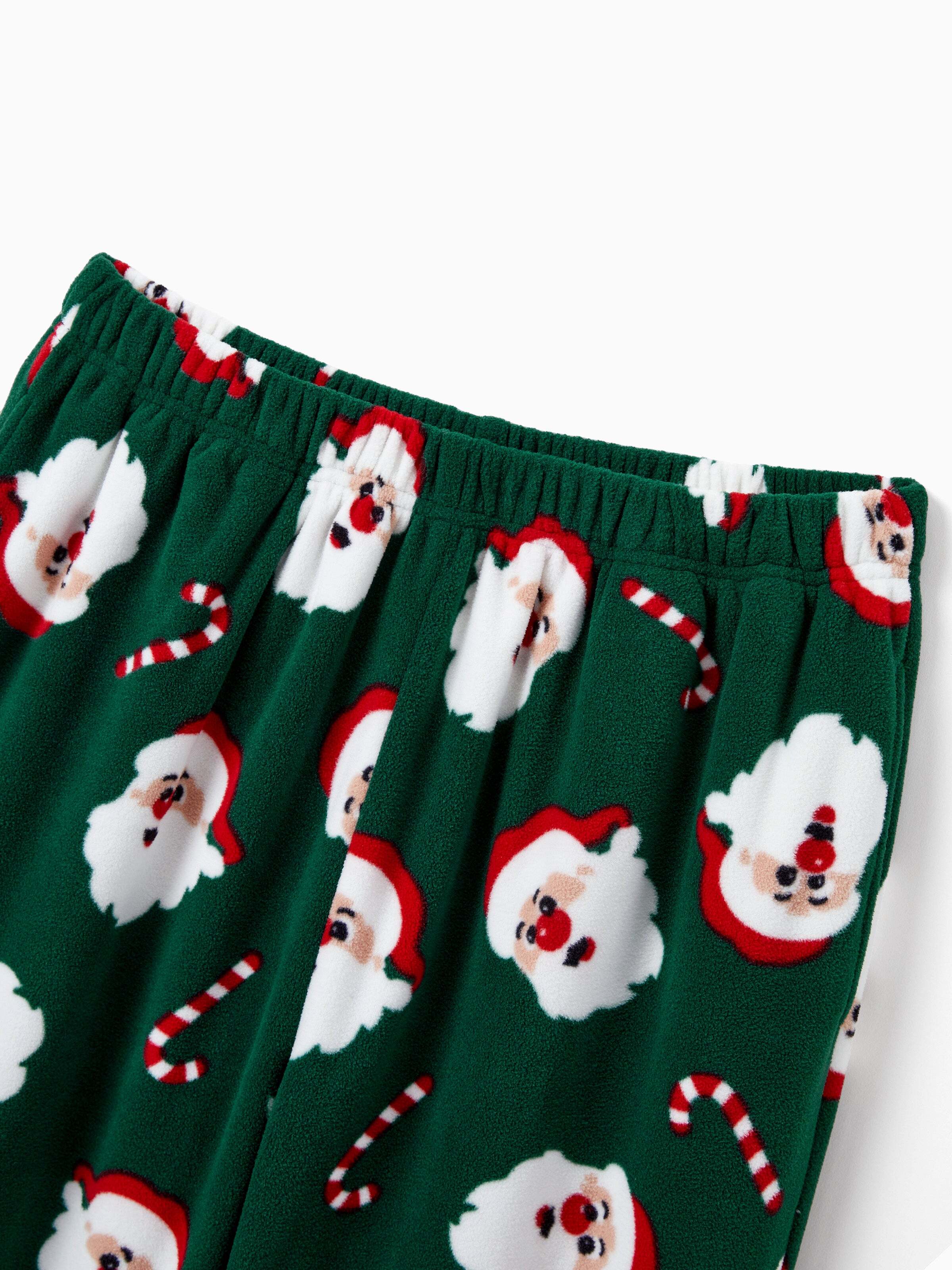Christmas Matching Family Fleece Pajamas Set Santa Claus and Candy Cane Print PJS with Christmas Socks Dark Green