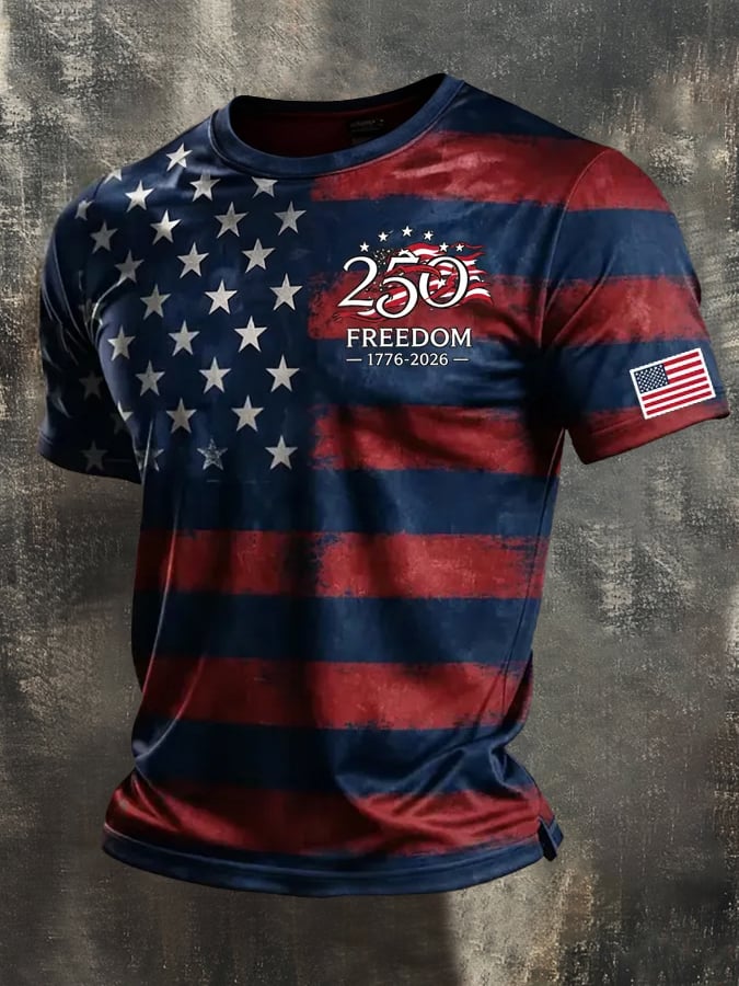 Men's Retro Independence Day Patriotic Print Crew Neck Short-Sleeve T-Shirt