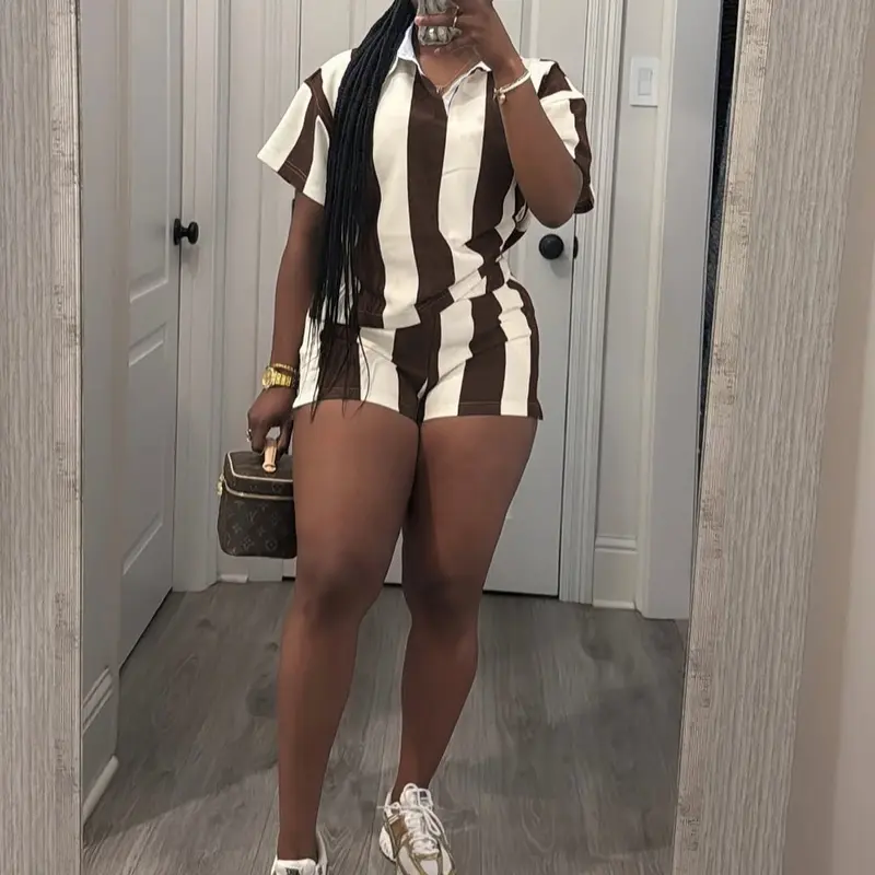 Women's 2026 Spring Two Piece Set Striped Short Sleeve Top & Drawstring Shorts Casual Outfit for Comfort