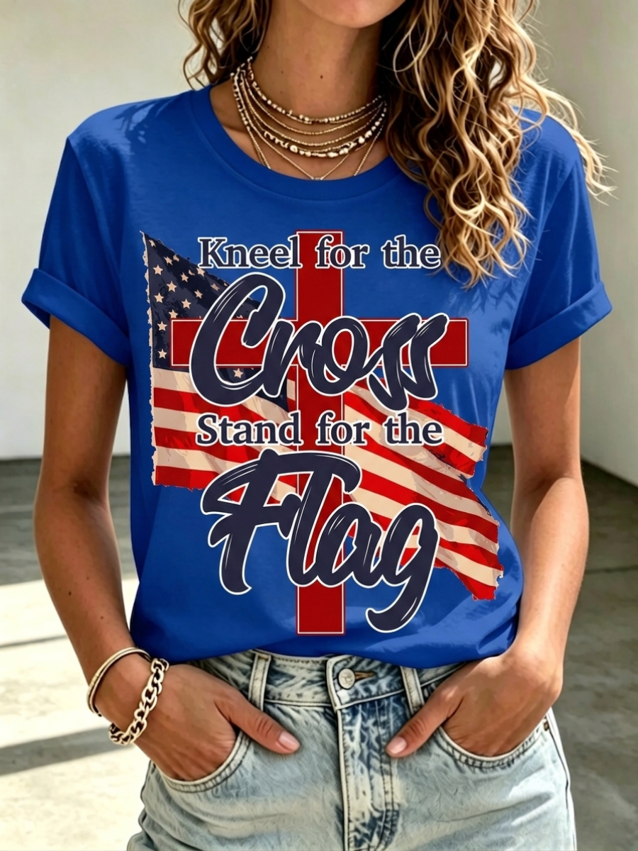 Women's America's 250th Anniversary Stand For The Flag Kneel For The Cross Faith Christian Cross Print T-Shirt