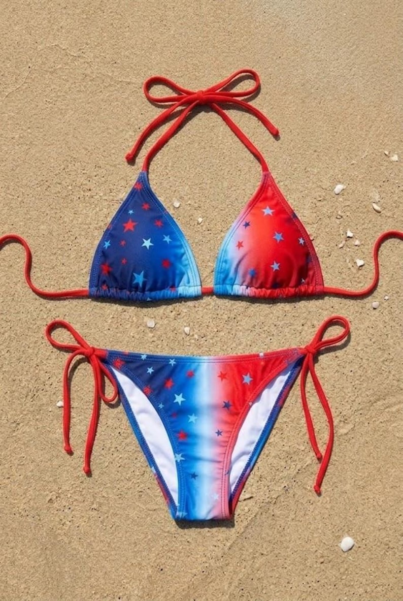 Patriotic Star Plaid Bikini and Swim Trunks, Couples Beach Vacation Set