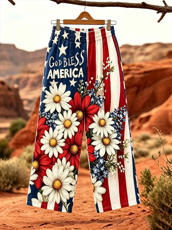 Women's God Bless America Floral Stars and Stripes Print Casual Pants