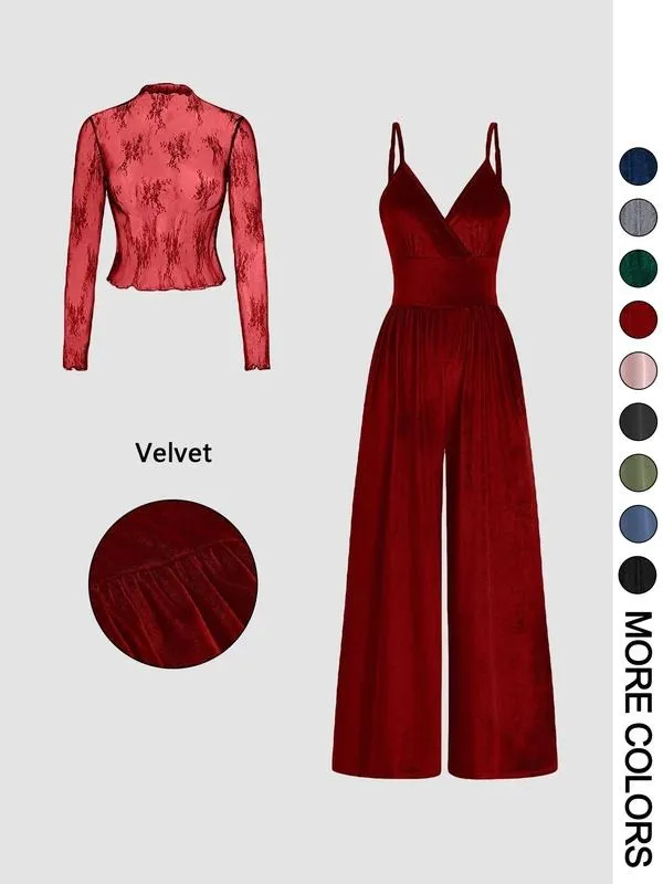 Women's Solid Color Lace Tee & Pocket Jumpsuit Two-piece Set