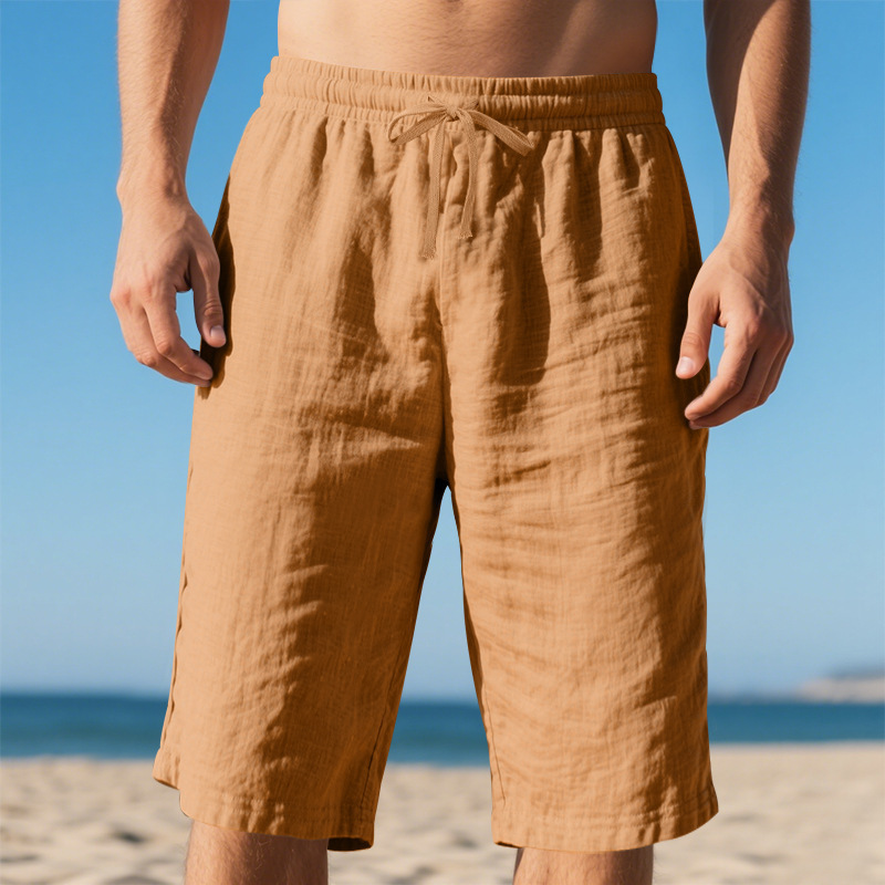 Linen shorts drawstring loose straight leg breathable beach cropped shorts