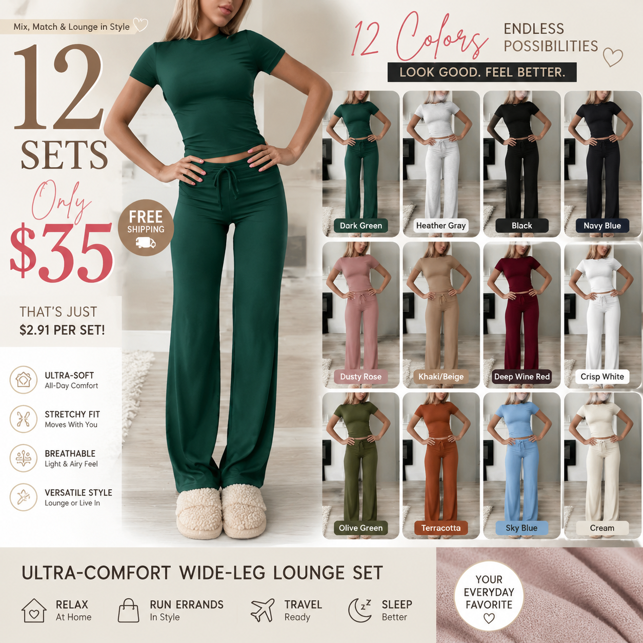Women's Casual Crop Tee & Lounge Pants Set