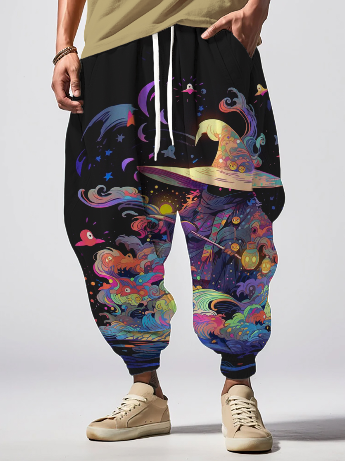 Men's Colorful Hippie Print Loose Drawstring Waist Pocket Sweatpants