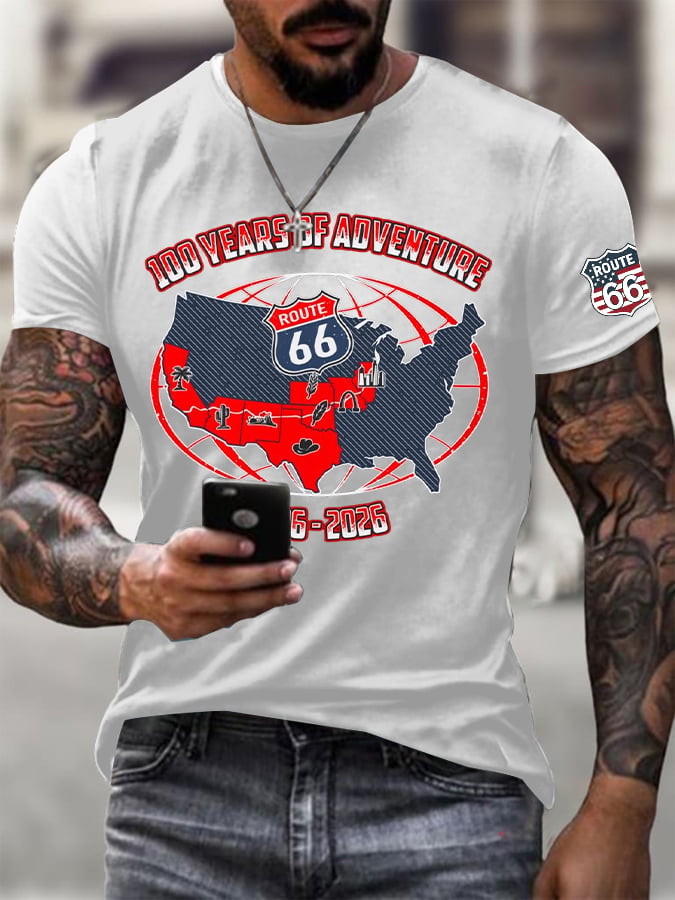 Men's Vintage USA Flag Road Trip Print Round Neck T-shirt