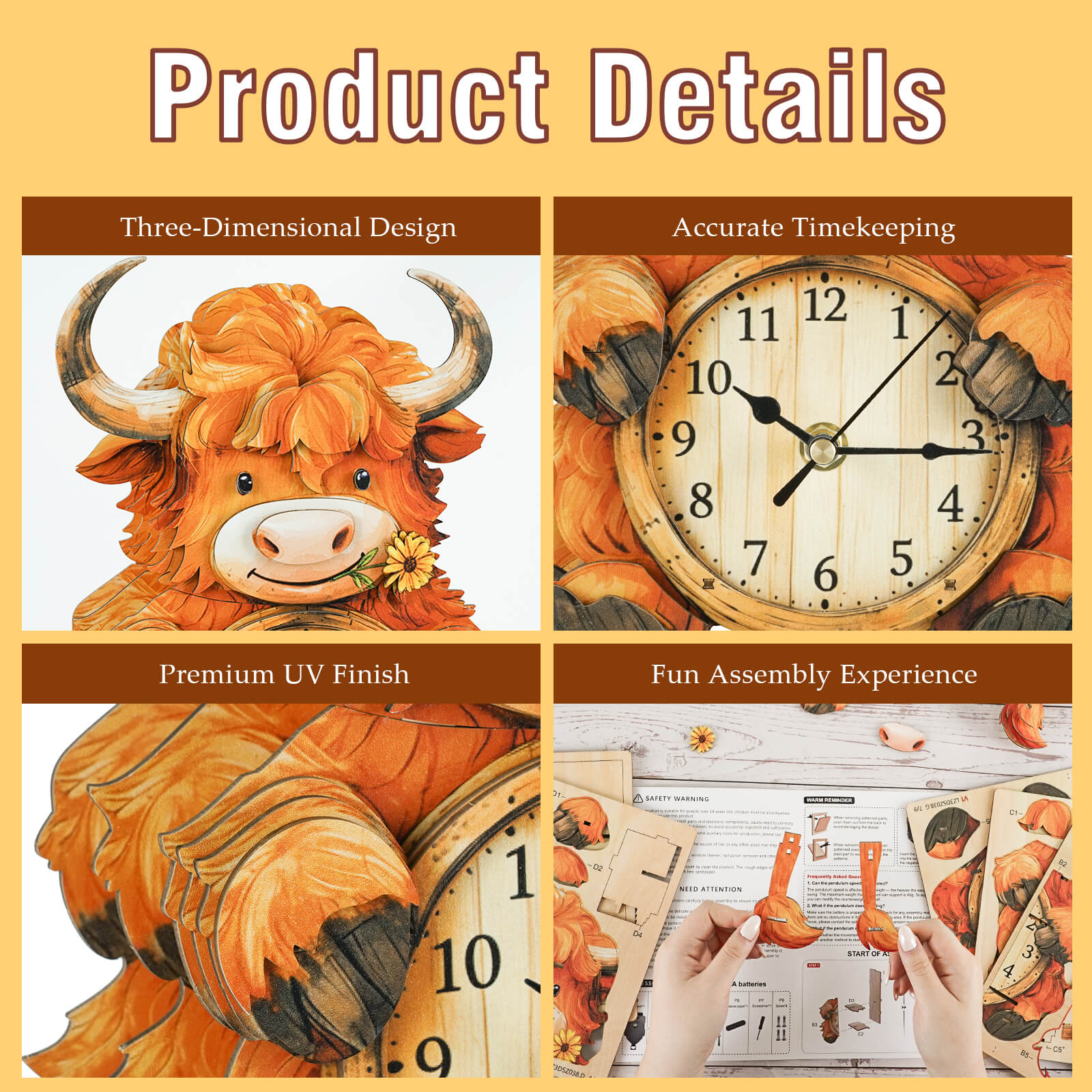 Highland Cattle DIY Wooden Clock, 3D Puzzle Craft Kit