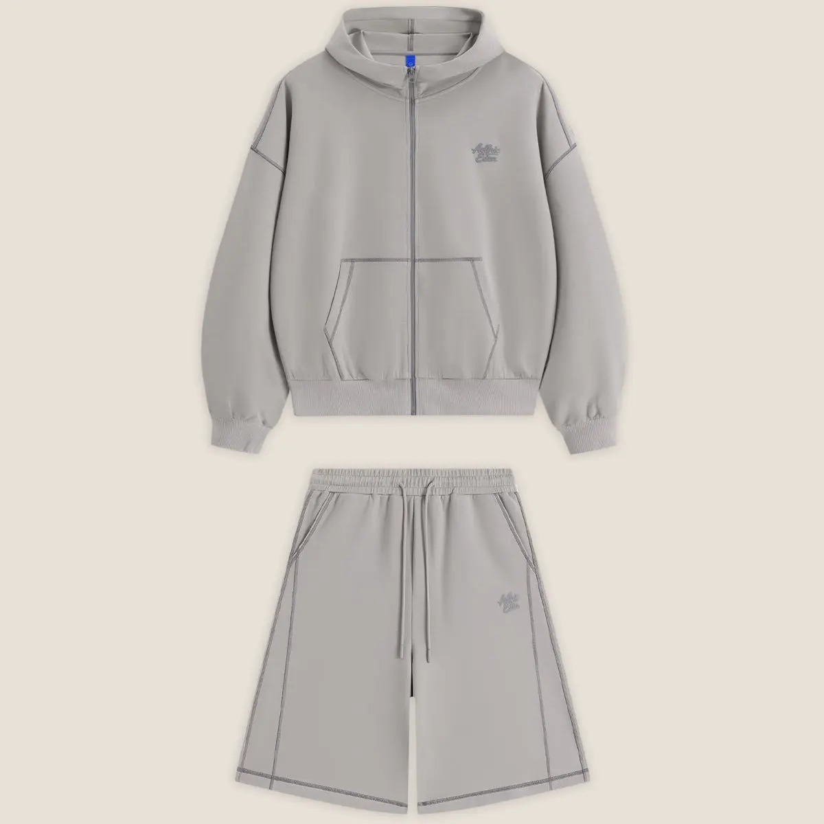 Cloud Boxy Sweat Set Contrast Stitch Zip-Up Jacket & Shorts Oversized Unisex