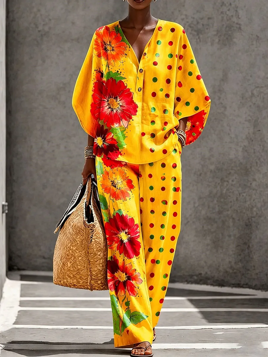 Women’s Floral and Polka Dot Pattern Creative Print Two-Piece Set