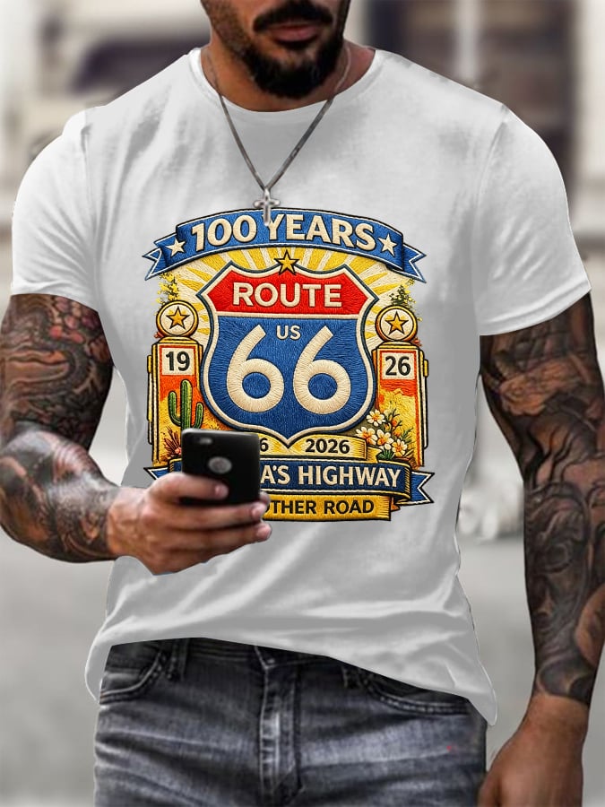 Men's Route 66 Centennial Mother Road Print Round Neck T-shirt
