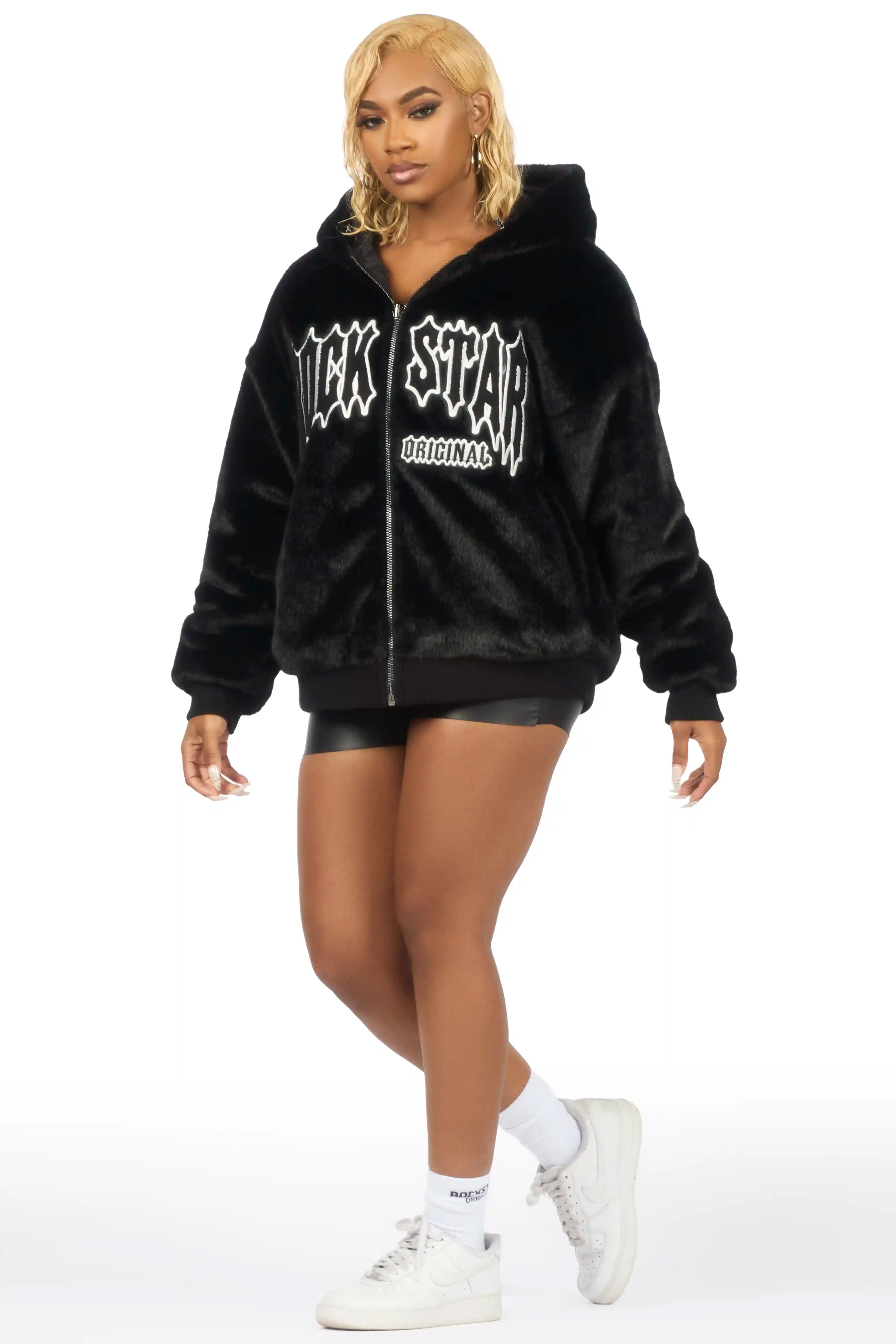 Jaleah Black Oversized Fur Jacket