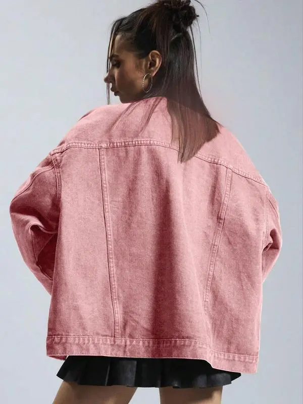 Women's Plain Button Front Drop Shoulder Denim Coat